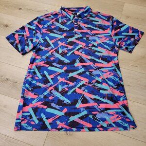 YATTA Golf Performance Polo Shirt Mens XL Blue Pink Green Line Splatter Print